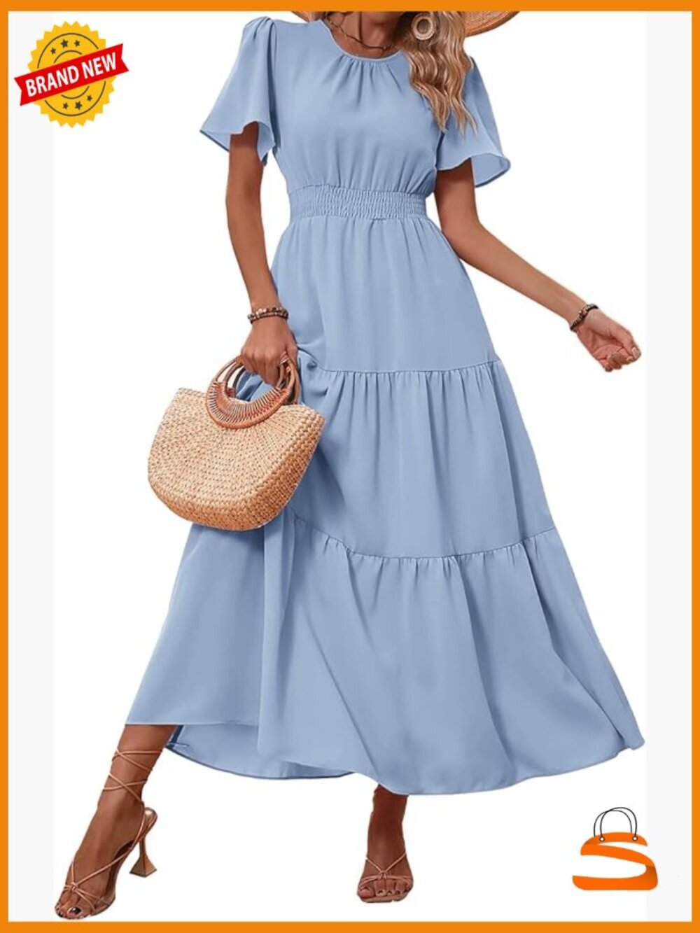 Short Flutter Sleeve Smocked Waist Tiered Boho Flowy Maxi Dress